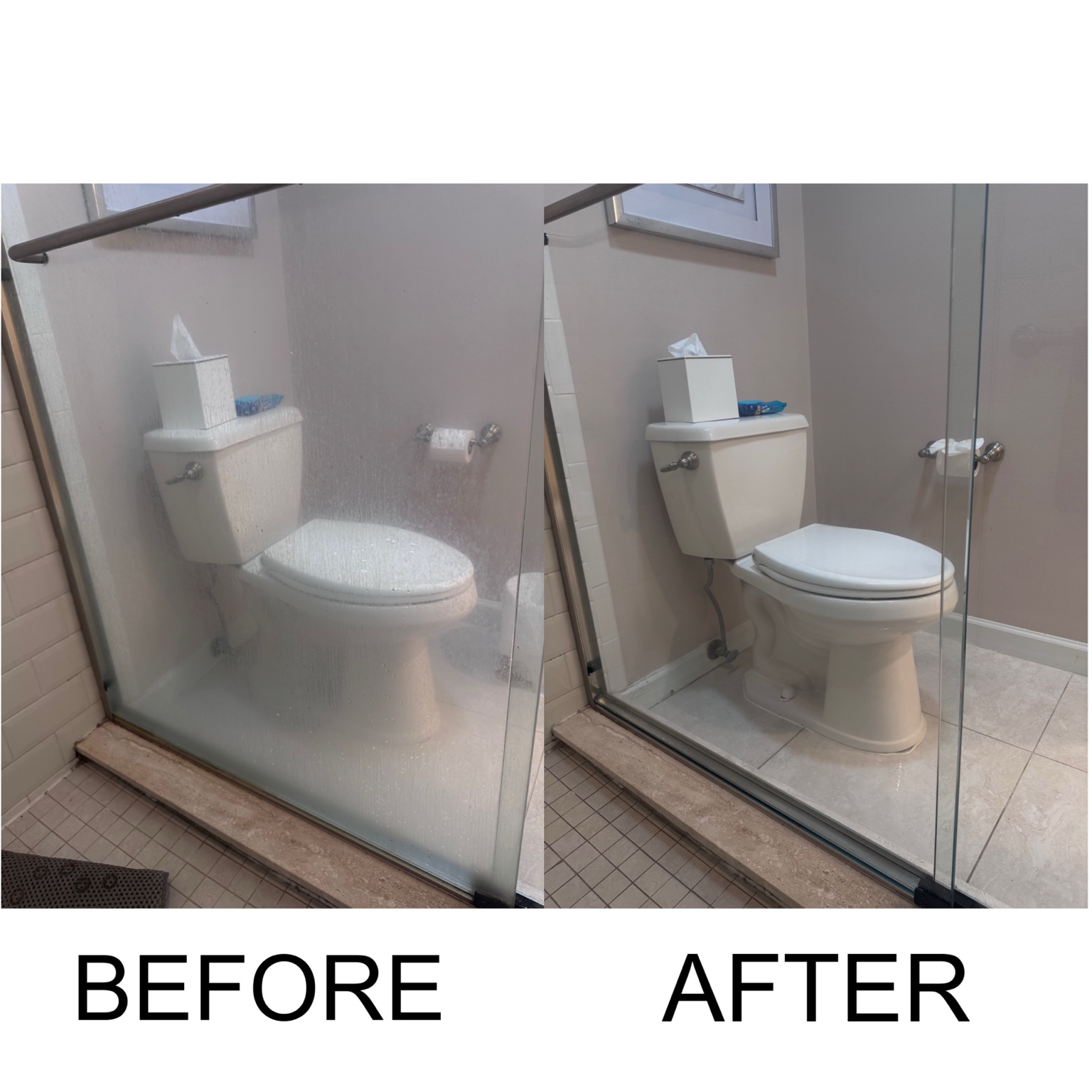 Hard water glass shower door before and after cleaning