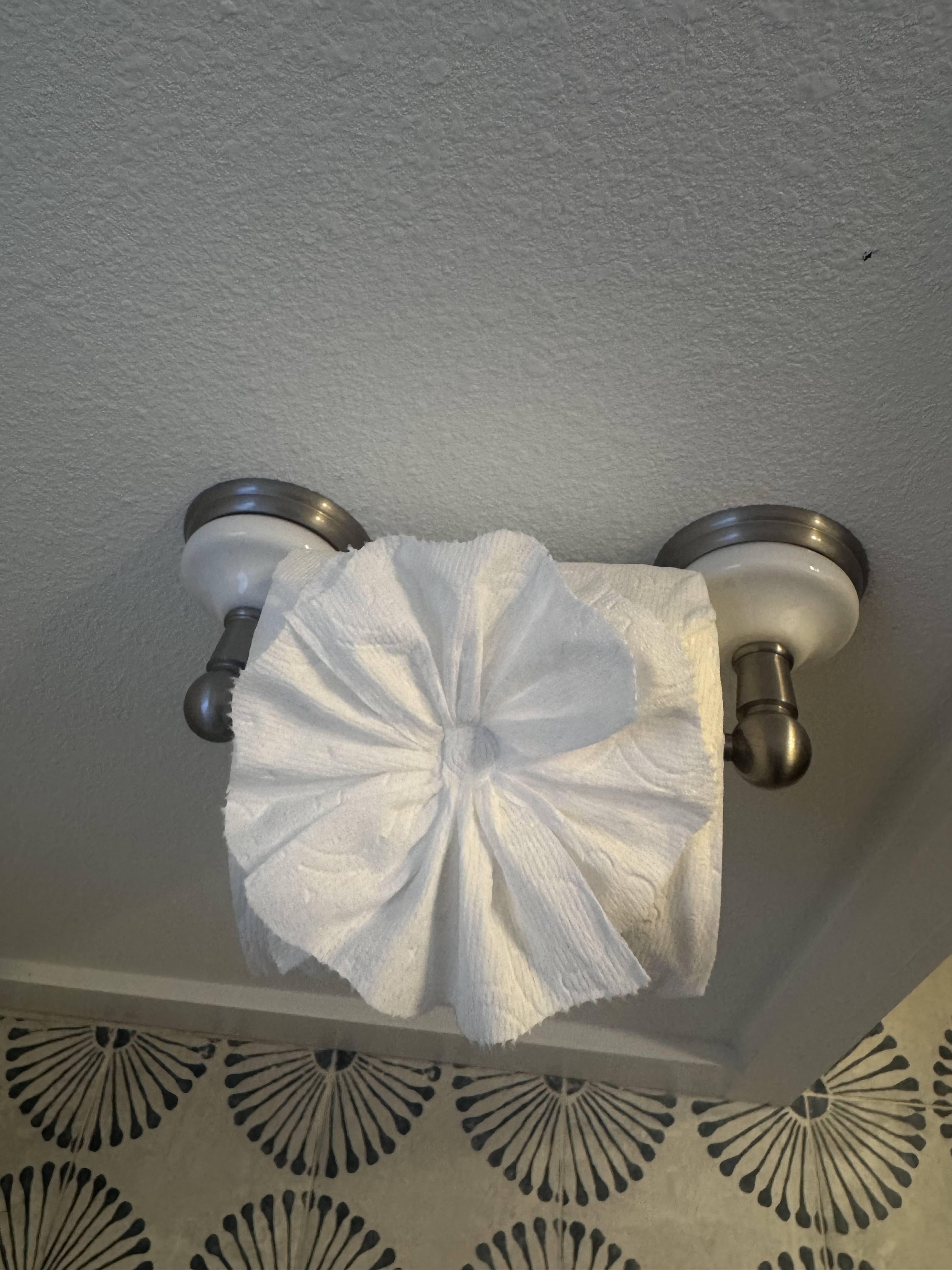 Toilet paper folded into decorative flower